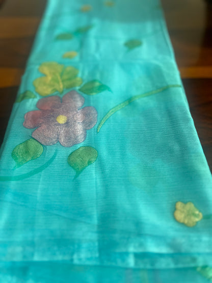 Beautiful Hand Painted Blue Chiffon Saree with Crepe Blouse Peice