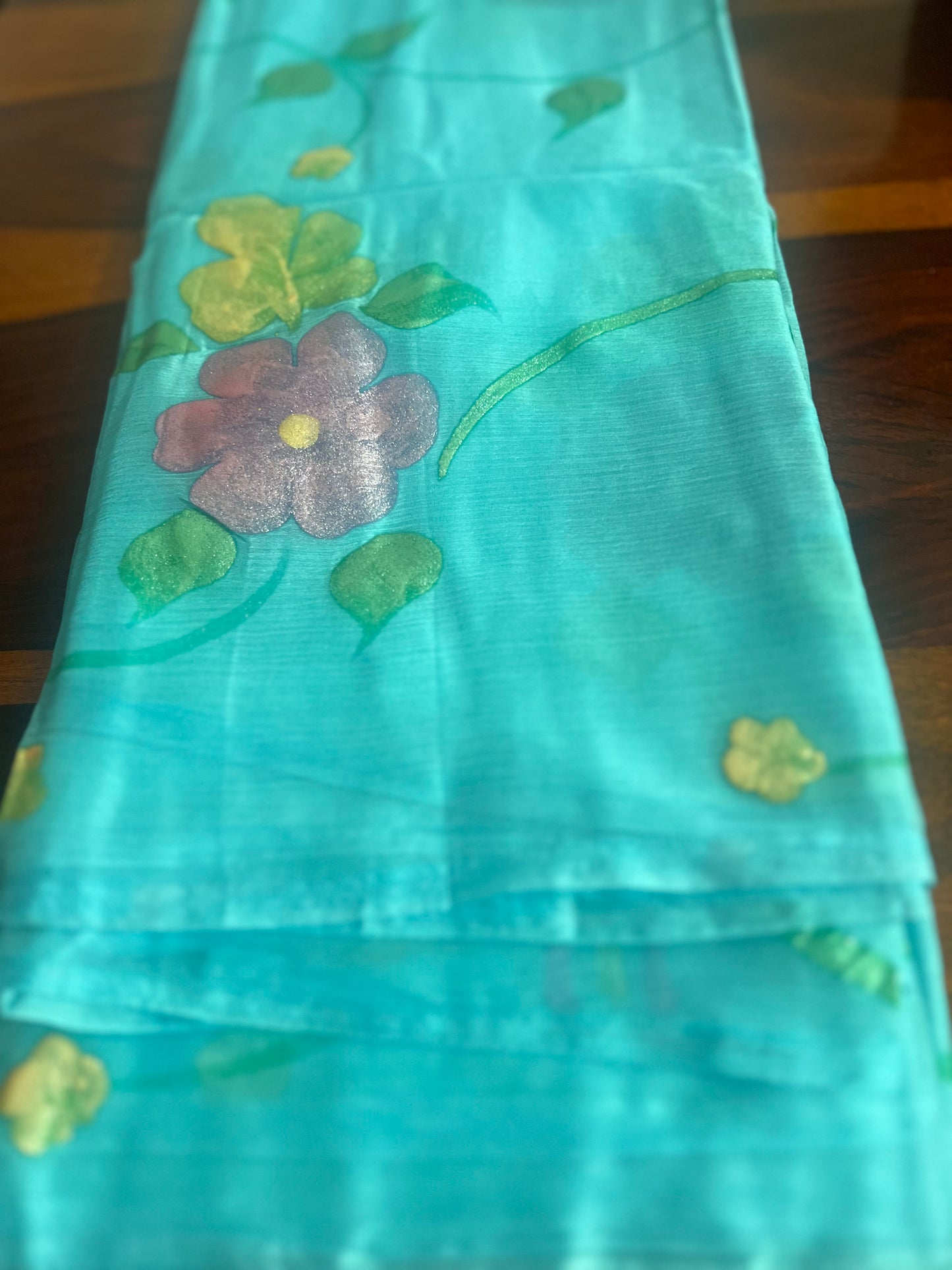 Beautiful Hand Painted Blue Chiffon Saree with Crepe Blouse Peice