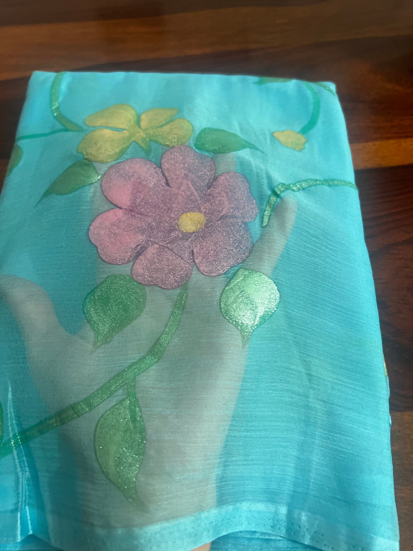 Beautiful Hand Painted Blue Chiffon Saree with Crepe Blouse Peice