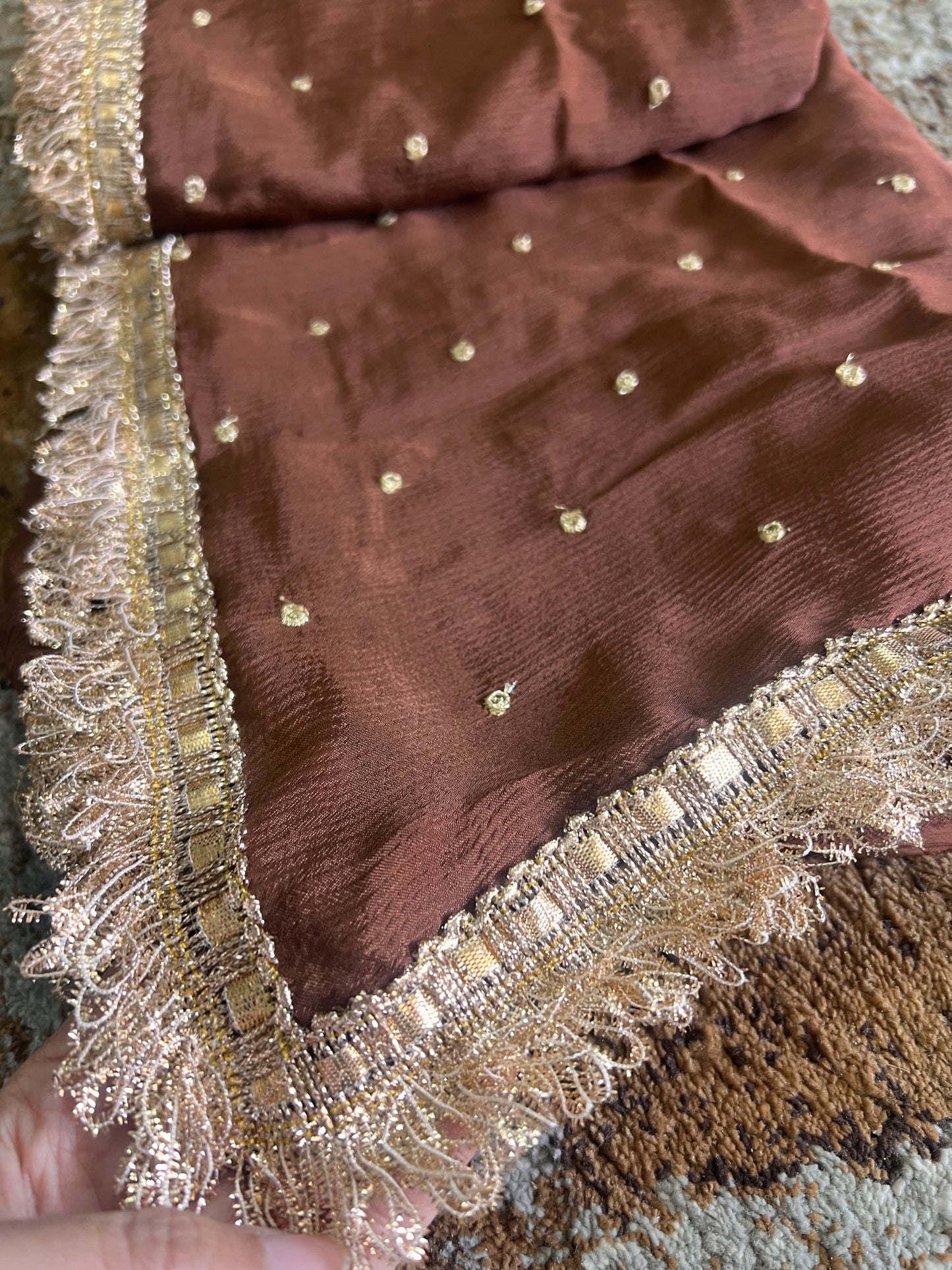 Pure Chinon Chocolate Bown Saree with Beautiful Gota work and Designer Kanchli Blouse (It will take around 10 days to dispatch)