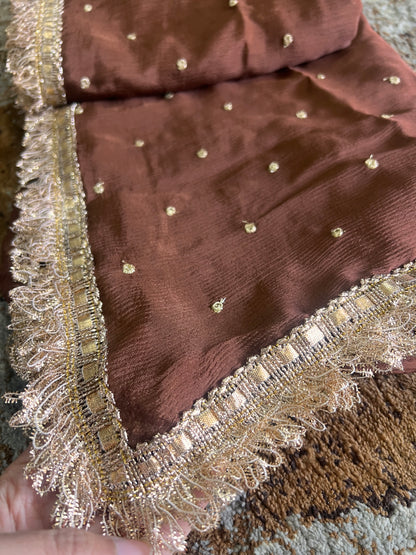 Pure Chinon Chocolate Bown Saree with Beautiful Gota work and Designer Kanchli Blouse (It will take around 10 days to dispatch)
