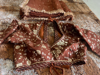 Pure Chinon Chocolate Bown Saree with Beautiful Gota work and Designer Kanchli Blouse (It will take around 10 days to dispatch)