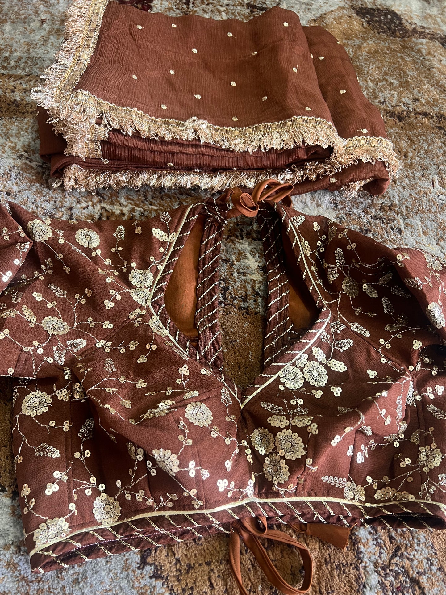 Pure Chinon Chocolate Bown Saree with Beautiful Gota work and Designer Kanchli Blouse (It will take around 10 days to dispatch)