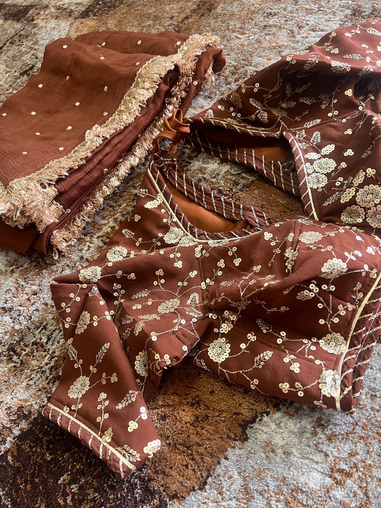 Pure Chinon Chocolate Bown Saree with Beautiful Gota work and Designer Kanchli Blouse (It will take around 10 days to dispatch)