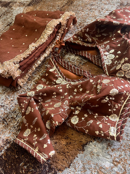 Pure Chinon Chocolate Bown Saree with Beautiful Gota work and Designer Kanchli Blouse (It will take around 10 days to dispatch)