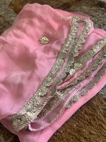 Baby Pink Colour Chiffon Saree with Gota work on it with Beautiful Kanchili Blouse