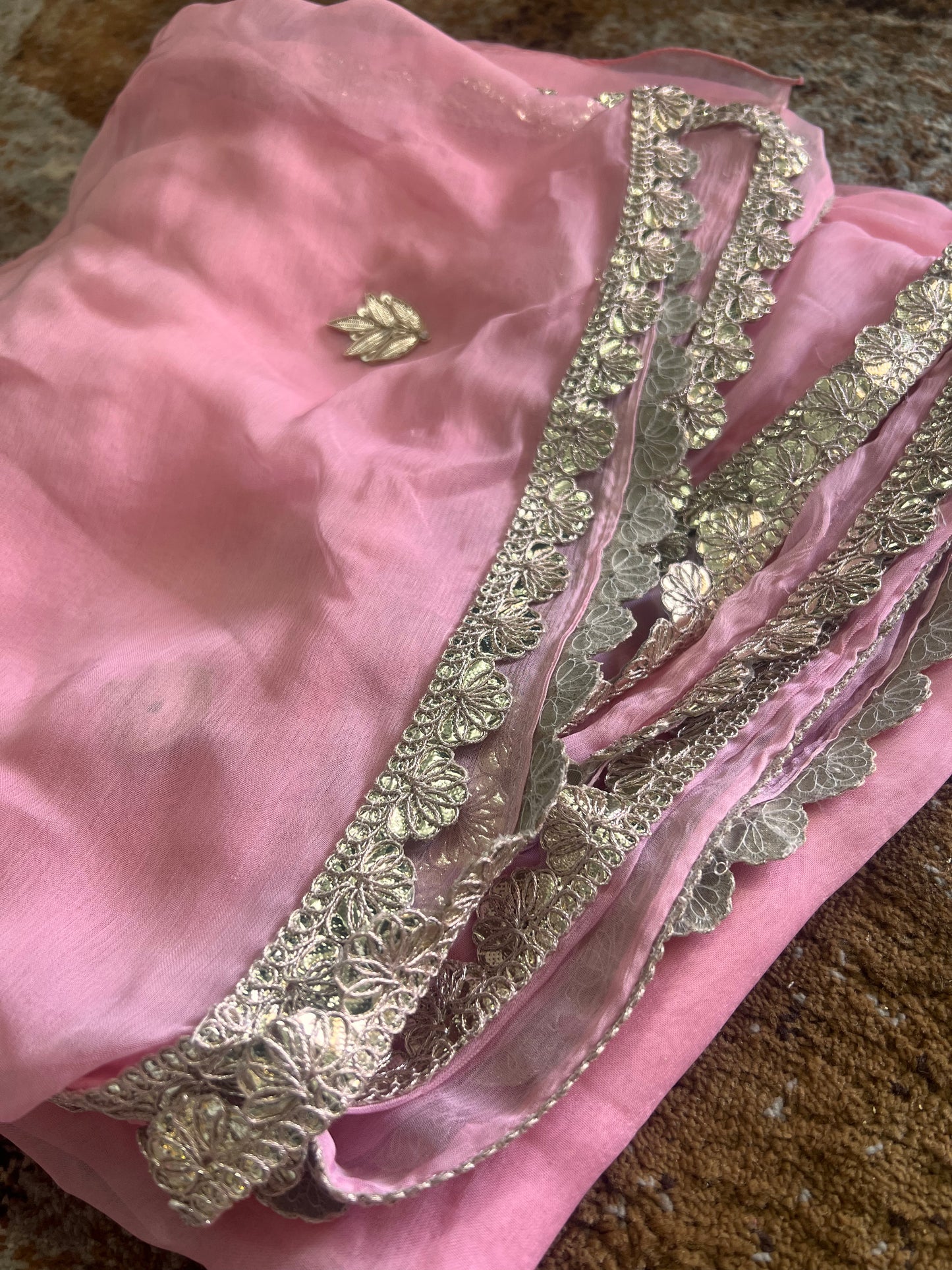 Baby Pink Colour Chiffon Saree with Gota work on it with Beautiful Kanchili Blouse
