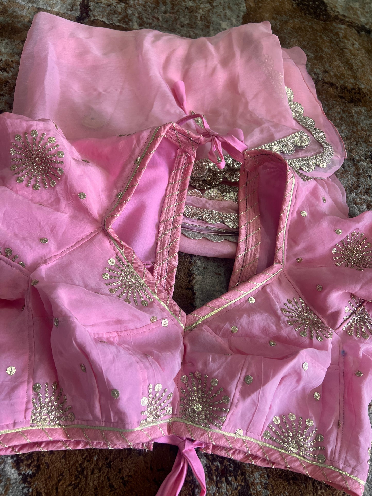 Baby Pink Colour Chiffon Saree with Gota work on it with Beautiful Kanchili Blouse