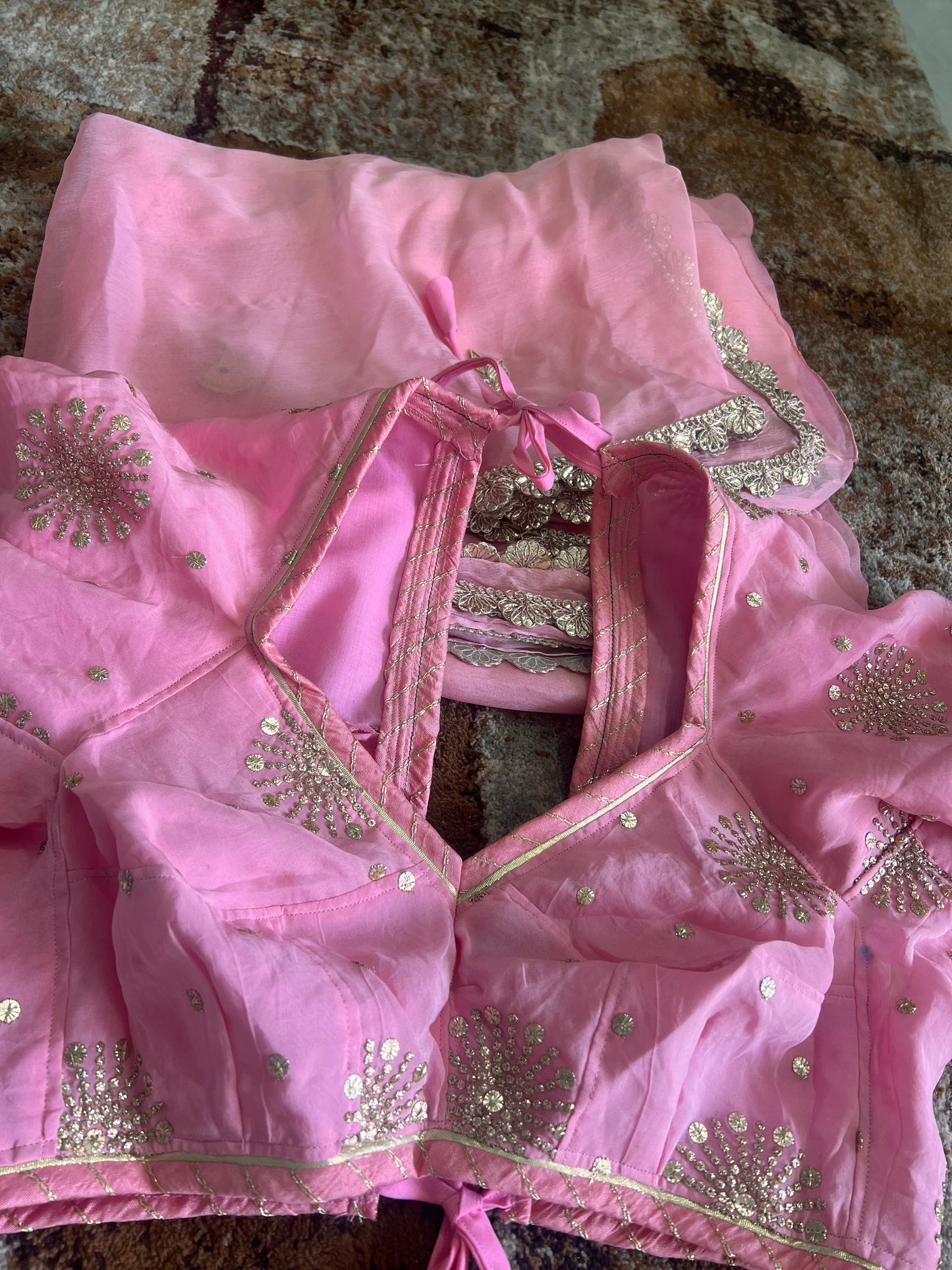Baby Pink Colour Chiffon Saree with Gota work on it with Beautiful Kanchili Blouse