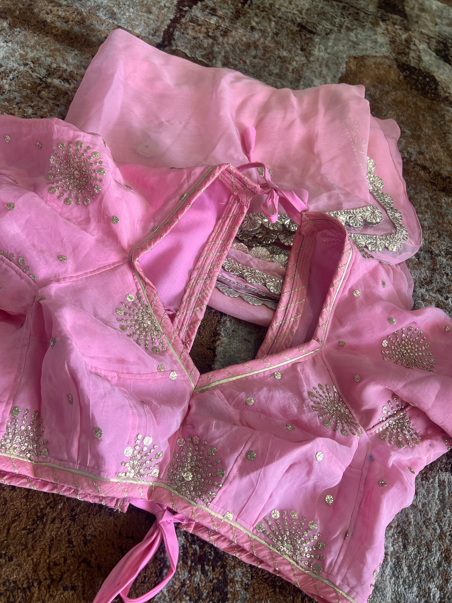 Baby Pink Colour Chiffon Saree with Gota work on it with Beautiful Kanchili Blouse