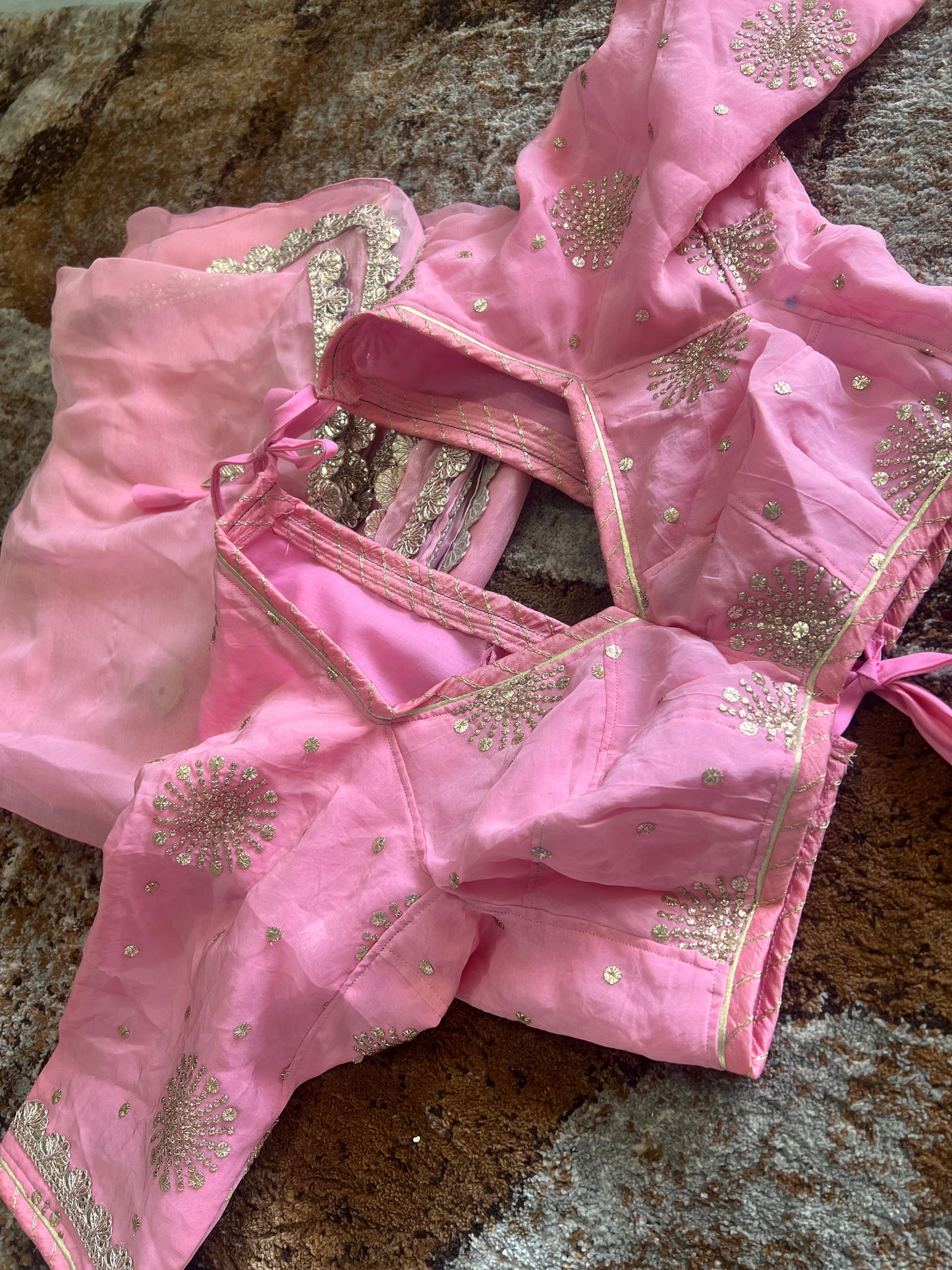 Baby Pink Colour Chiffon Saree with Gota work on it with Beautiful Kanchili Blouse