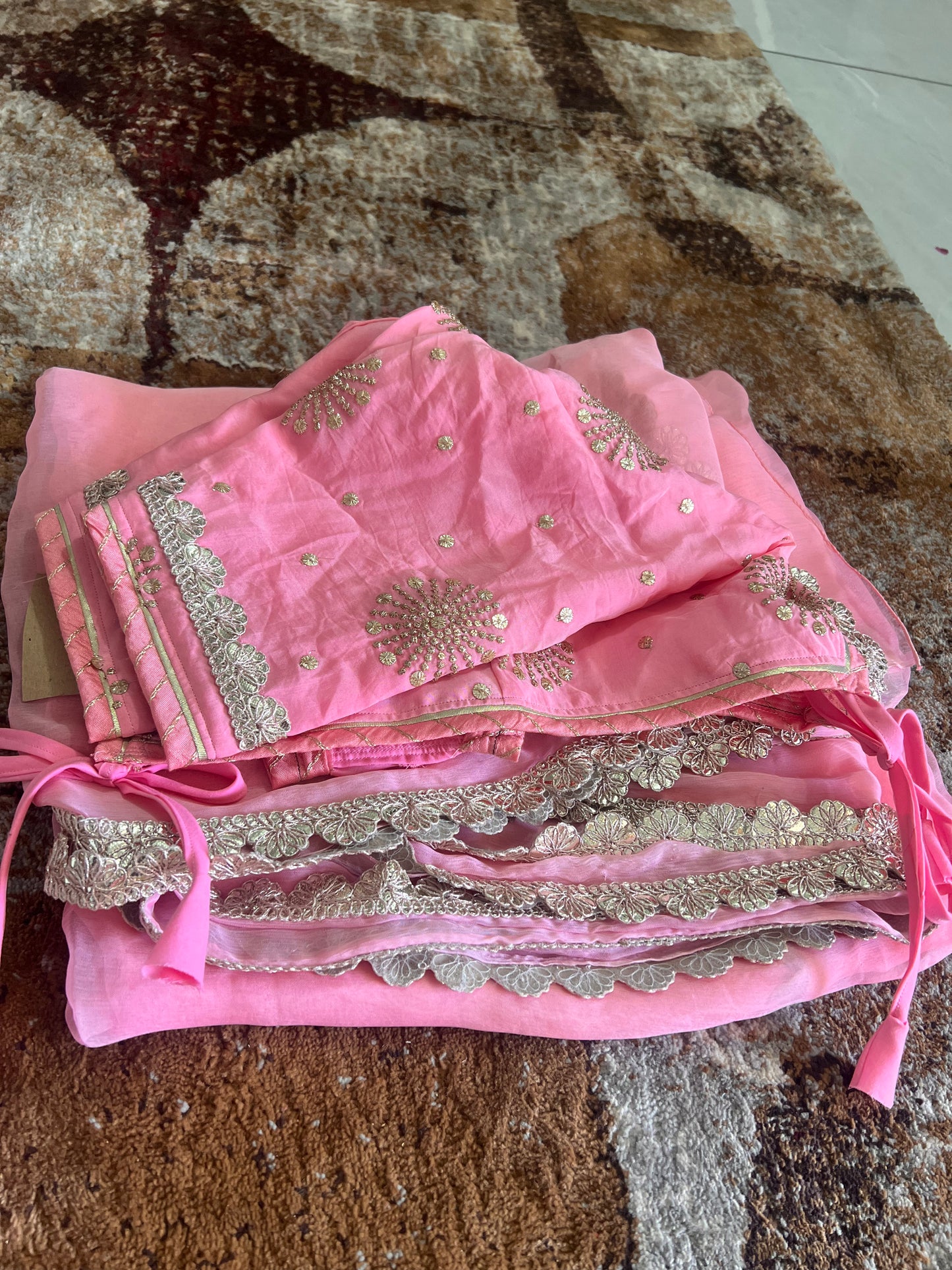 Baby Pink Colour Chiffon Saree with Gota work on it with Beautiful Kanchili Blouse