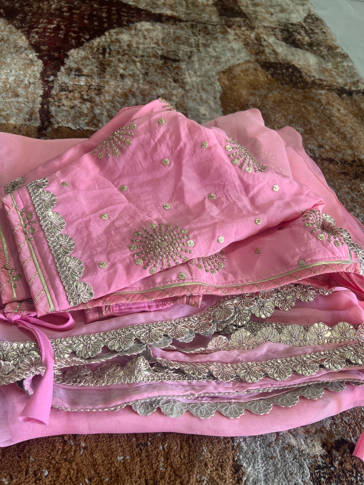 Baby Pink Colour Chiffon Saree with Gota work on it with Beautiful Kanchili Blouse