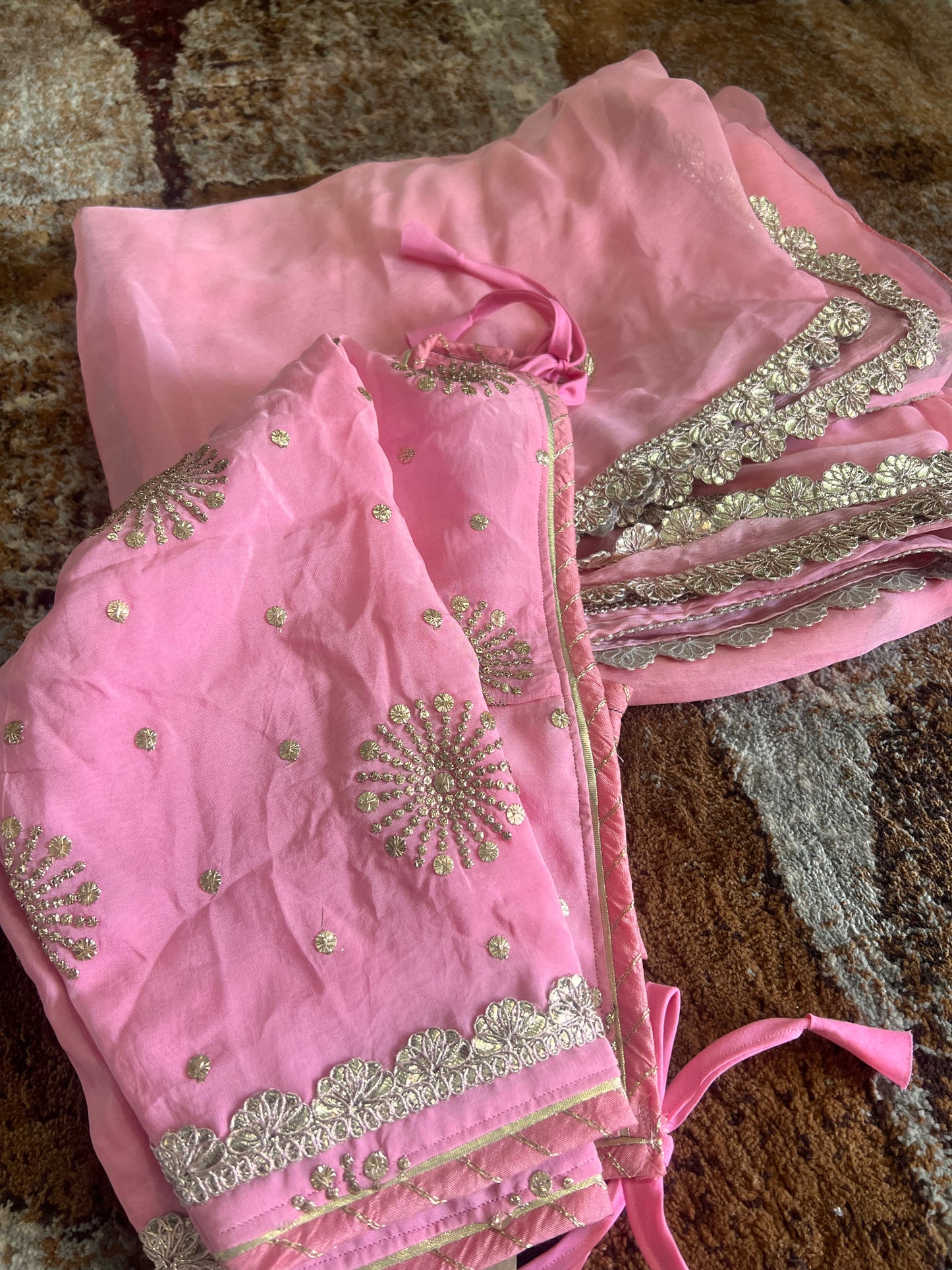 Baby Pink Colour Chiffon Saree with Gota work on it with Beautiful Kanchili Blouse
