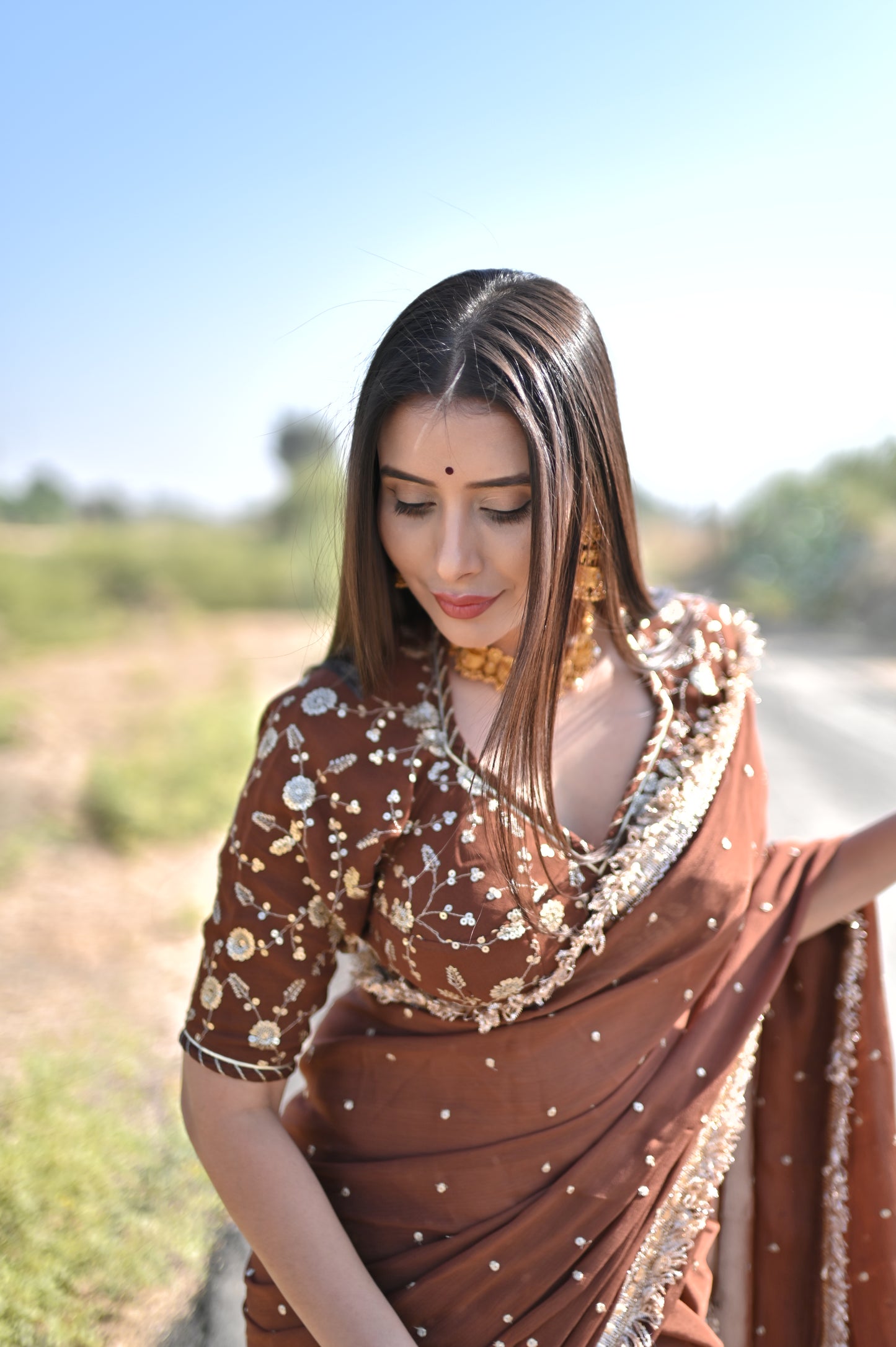 Pure Chinon Chocolate Bown Saree with Beautiful Gota work and Designer Kanchli Blouse (It will take around 10 days to dispatch)