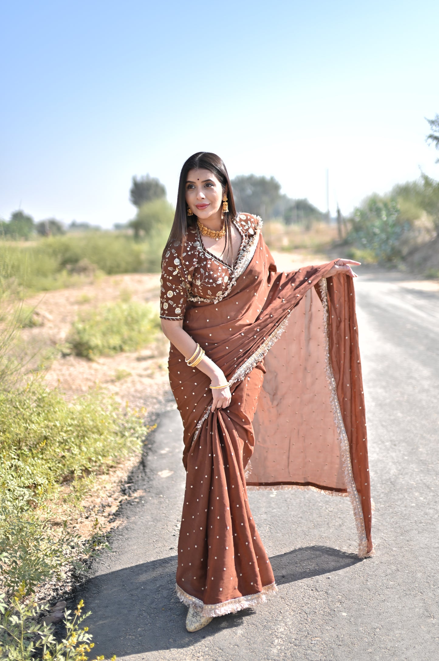 Pure Chinon Chocolate Bown Saree with Beautiful Gota work and Designer Kanchli Blouse (It will take around 10 days to dispatch)