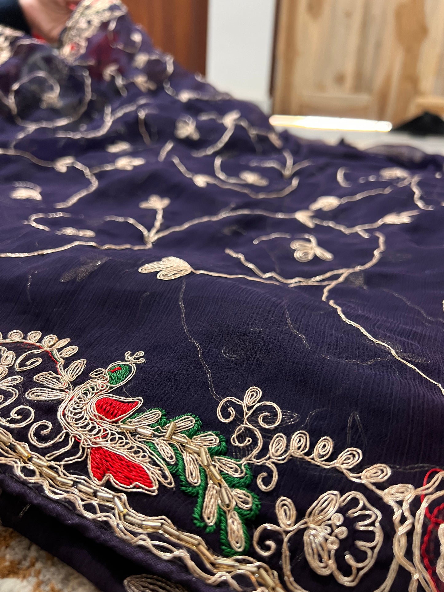 Beautiful Royal Blue Soft Chiffon Peacock Design Jaal Work Saree