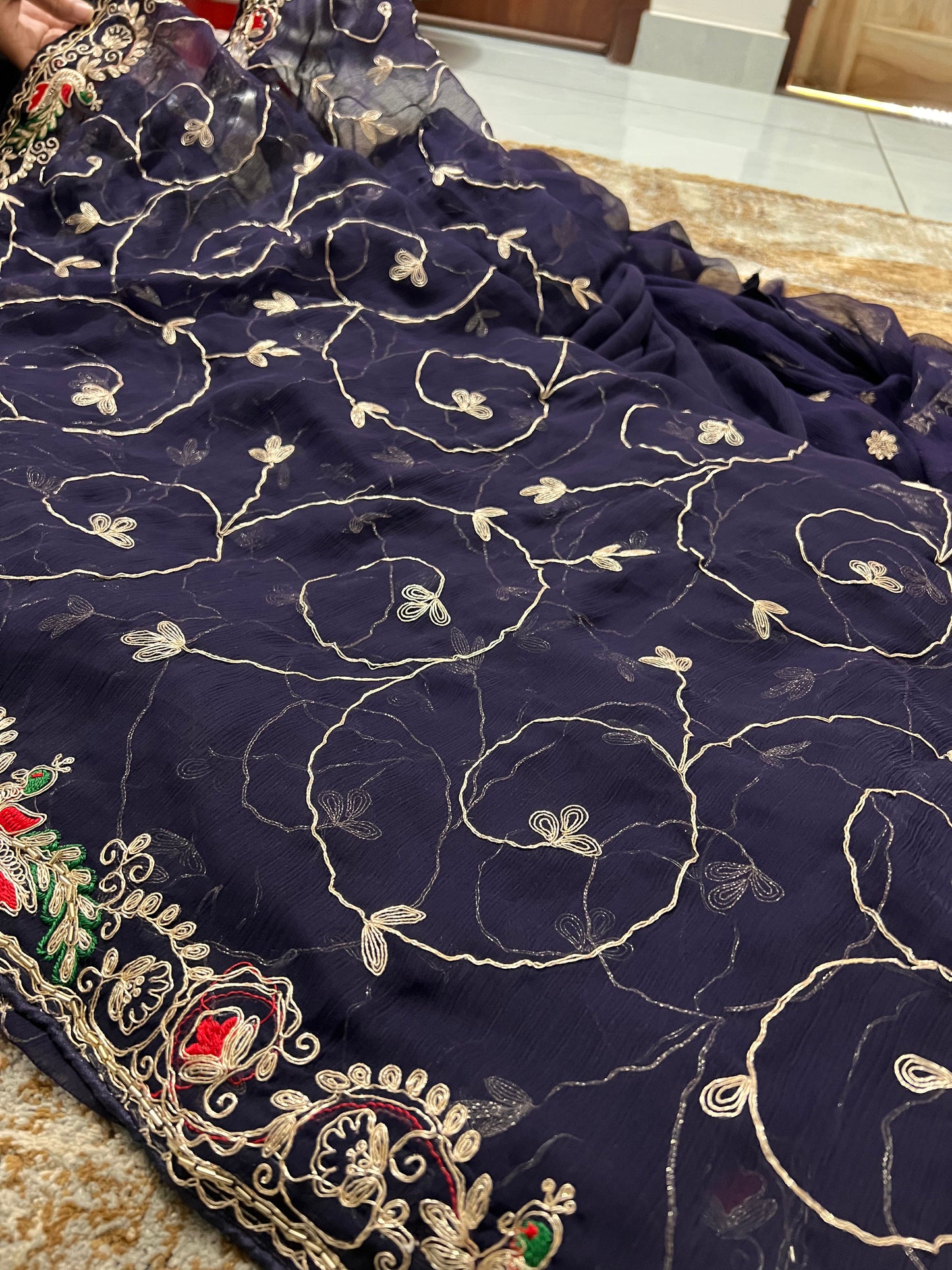 Beautiful Royal Blue Soft Chiffon Peacock Design Jaal Work Saree