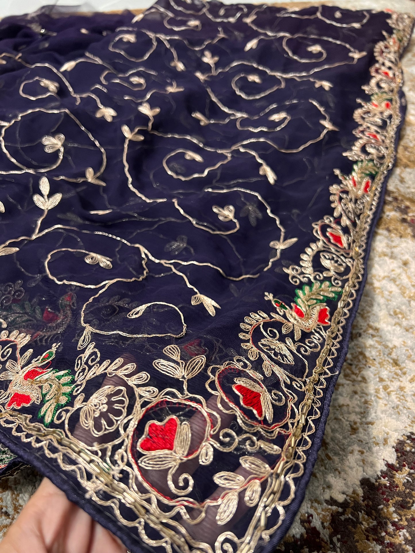 Beautiful Royal Blue Soft Chiffon Peacock Design Jaal Work Saree