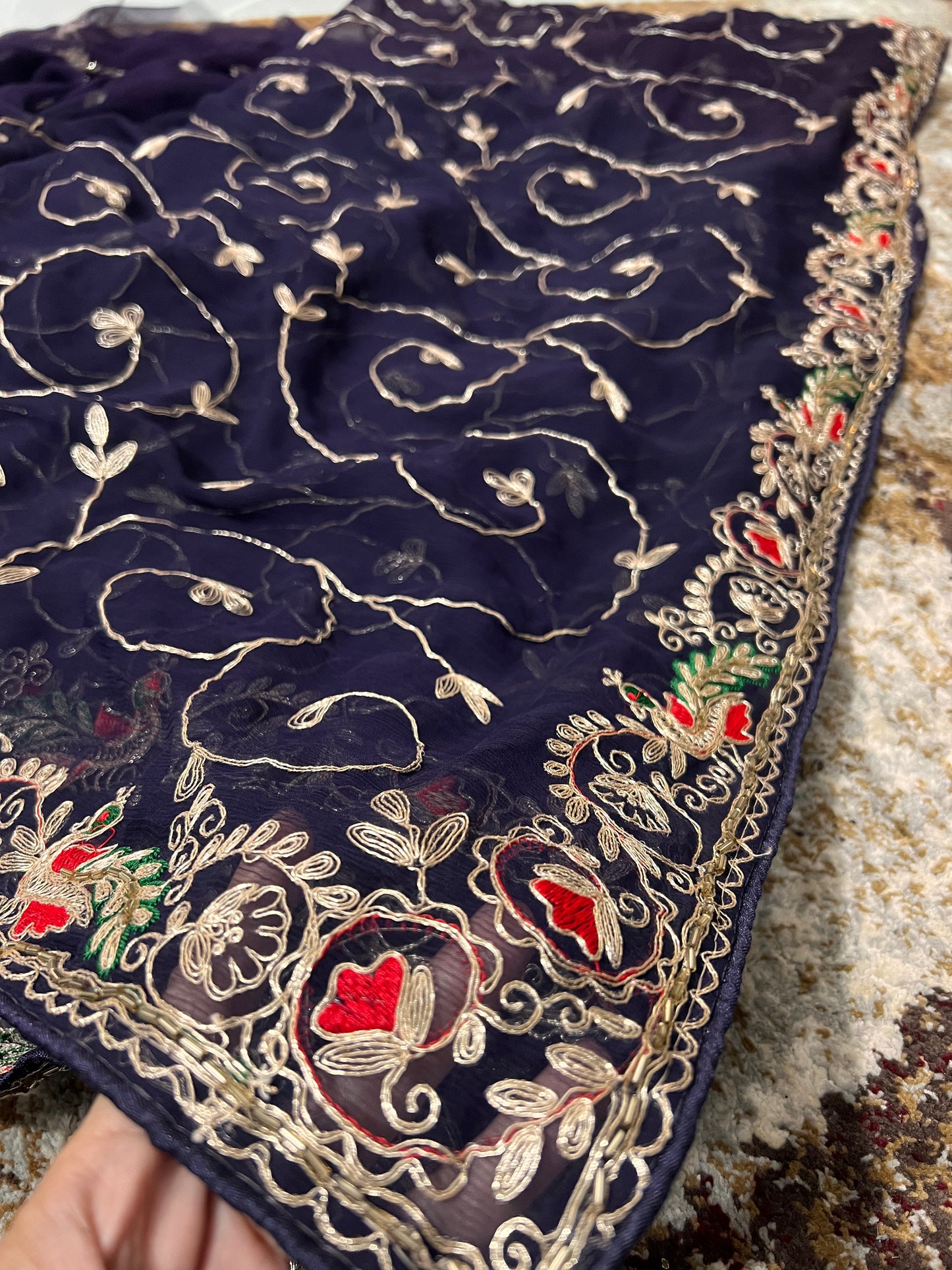 Beautiful Royal Blue Soft Chiffon Peacock Design Jaal Work Saree