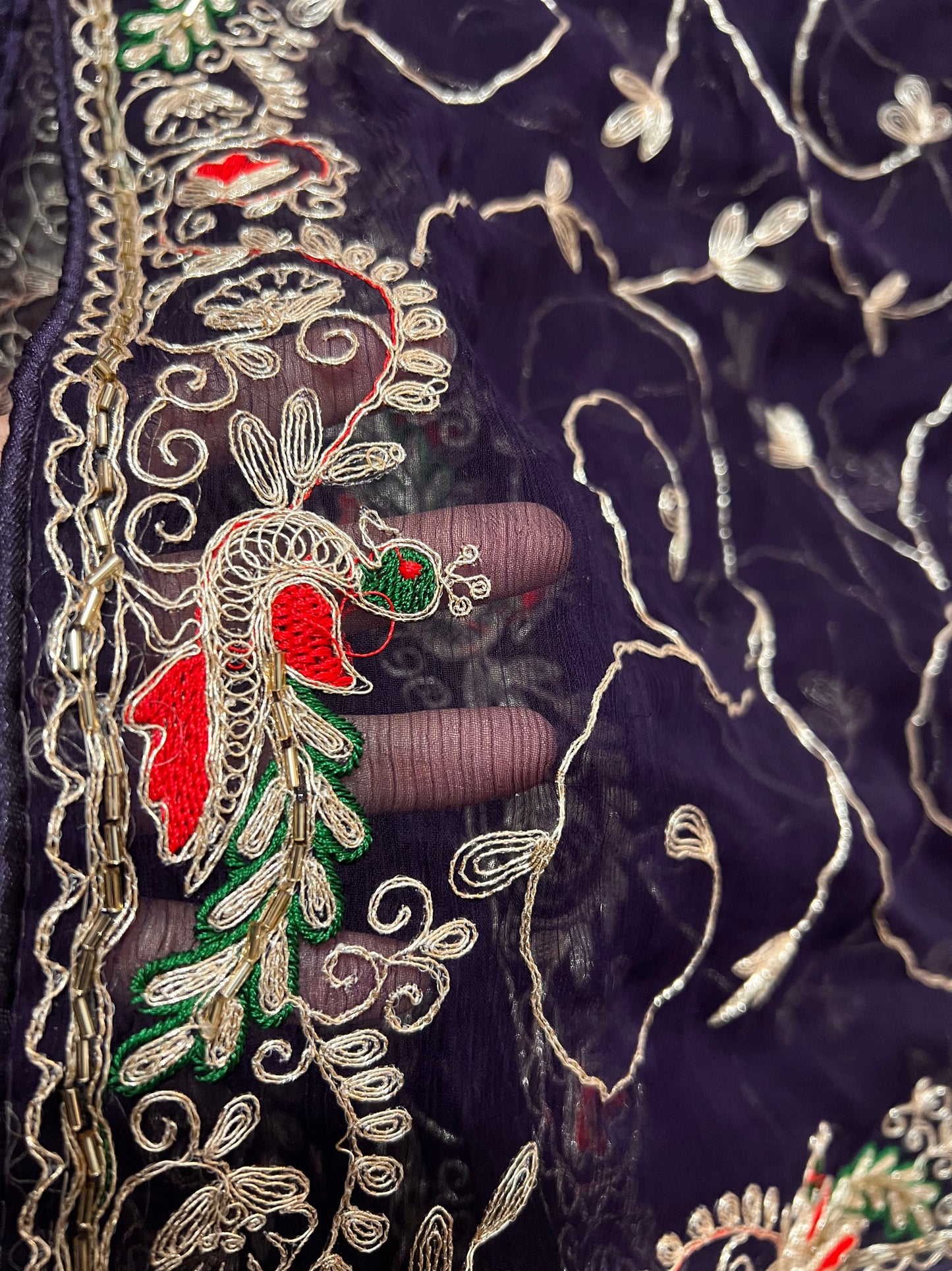 Beautiful Royal Blue Soft Chiffon Peacock Design Jaal Work Saree