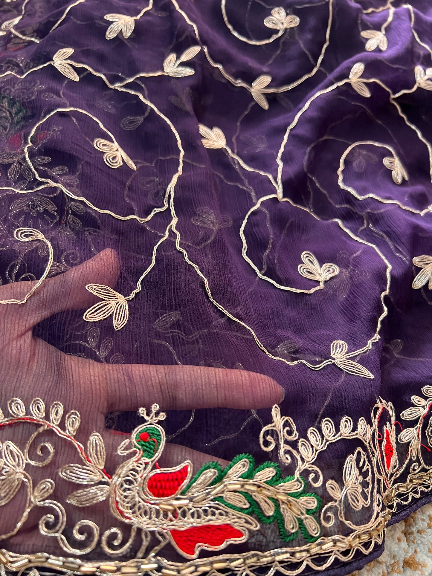 Beautiful Royal Blue Soft Chiffon Peacock Design Jaal Work Saree