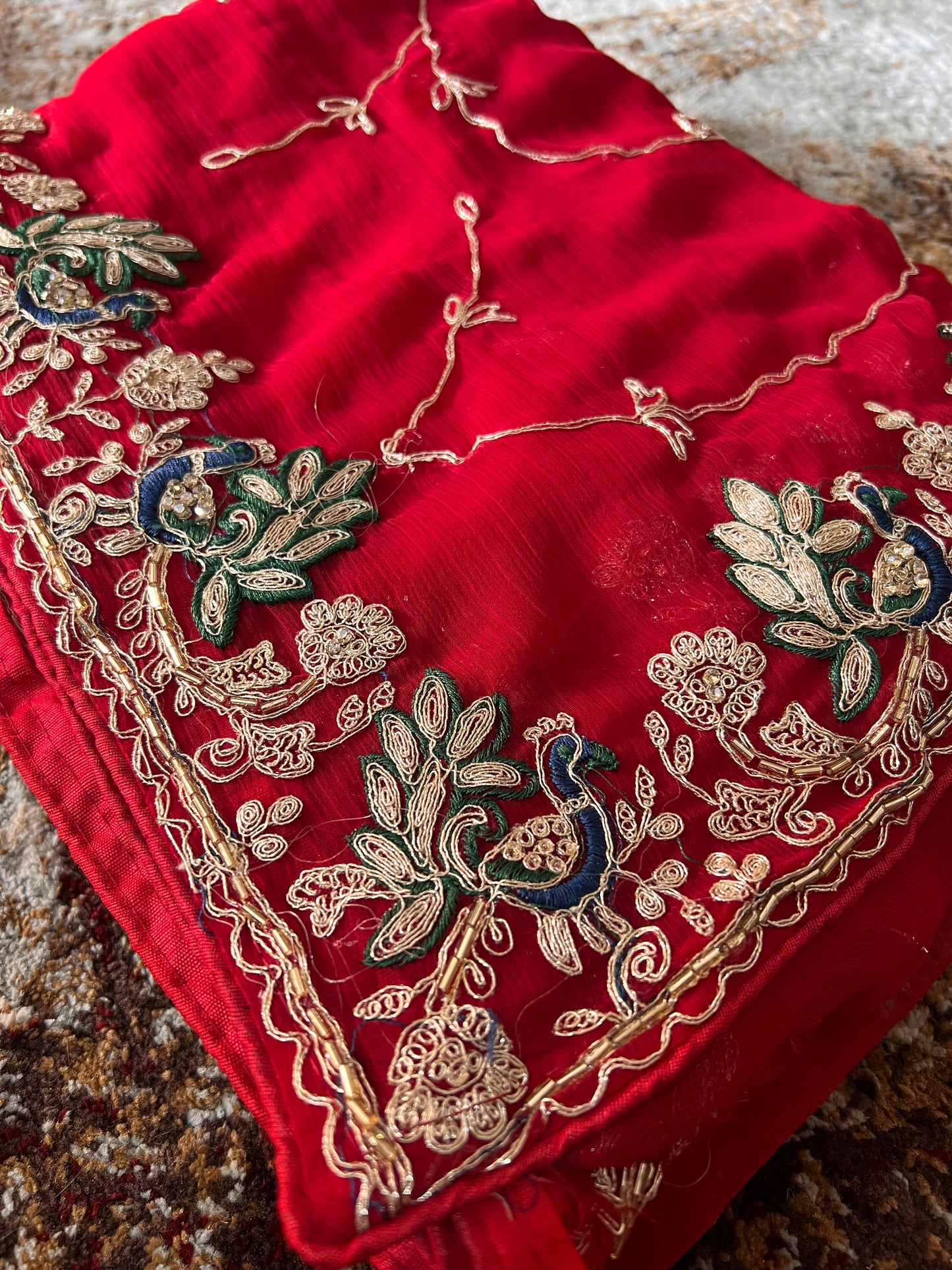 Beautiful Red Color Soft Chiffon Peacock Design Jaal Work Saree