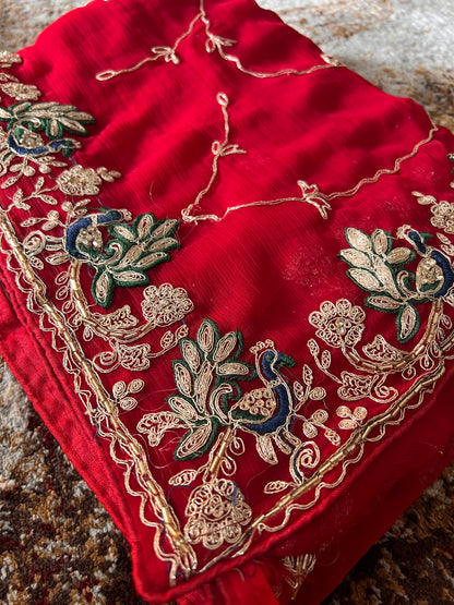 Beautiful Red Color Soft Chiffon Peacock Design Jaal Work Saree