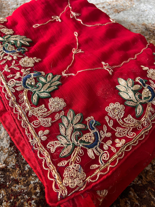 Beautiful Red Color Soft Chiffon Peacock Design Jaal Work Saree