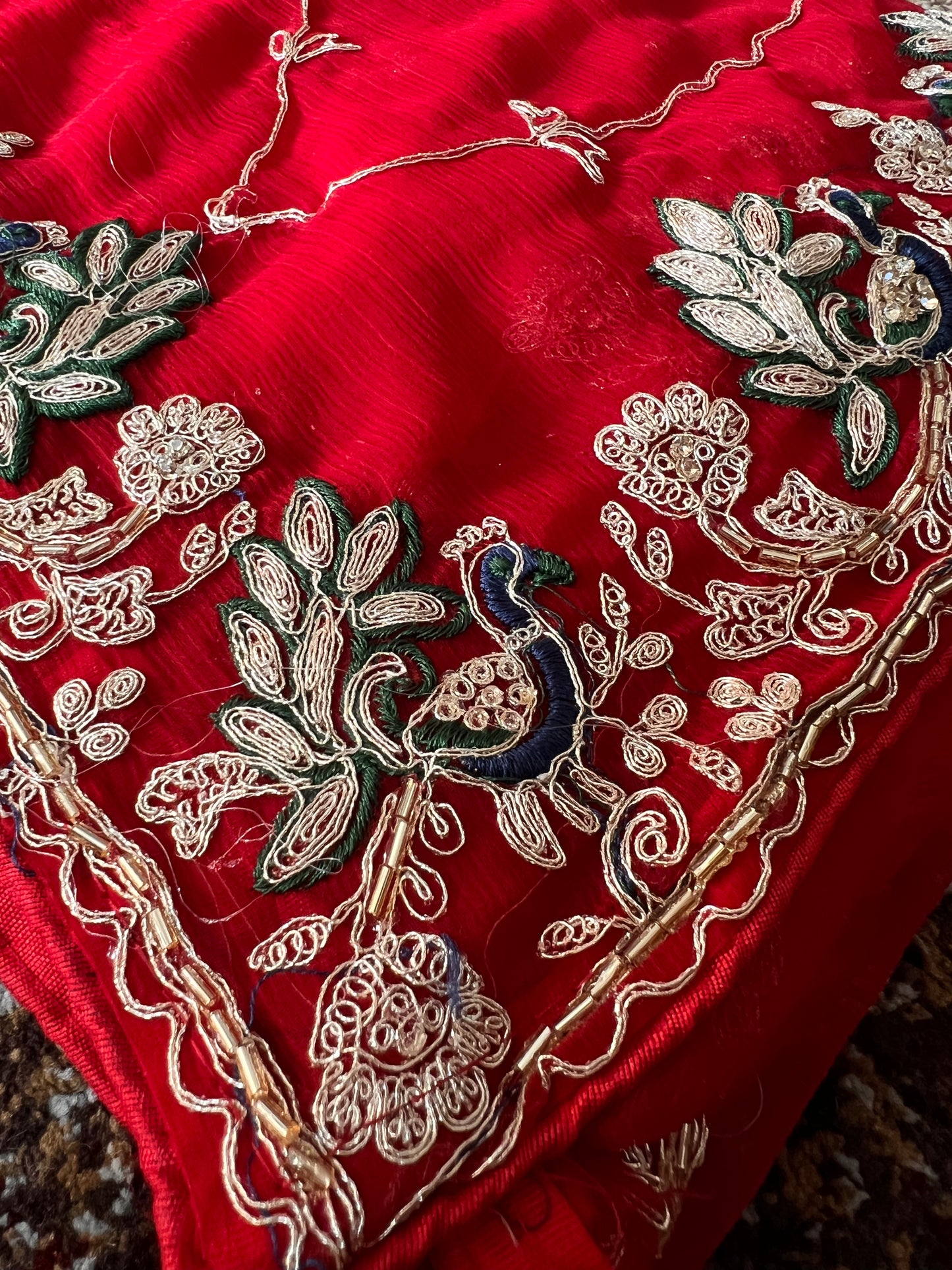 Beautiful Red Color Soft Chiffon Peacock Design Jaal Work Saree