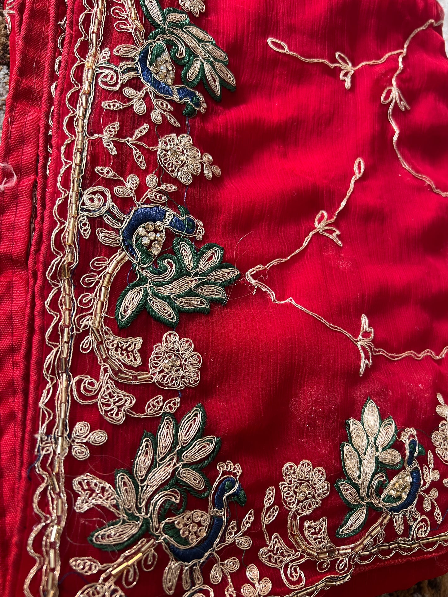 Beautiful Red Color Soft Chiffon Peacock Design Jaal Work Saree