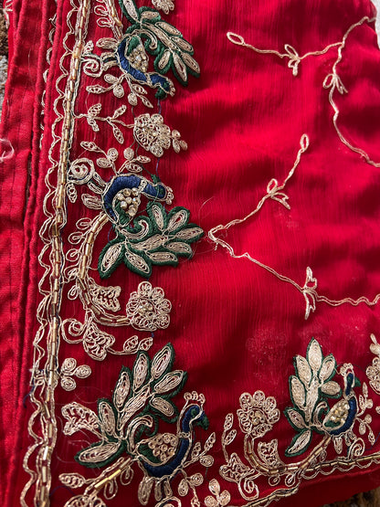 Beautiful Red Color Soft Chiffon Peacock Design Jaal Work Saree