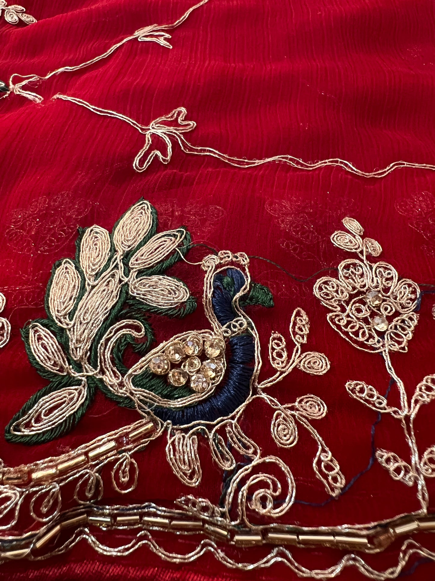 Beautiful Red Color Soft Chiffon Peacock Design Jaal Work Saree