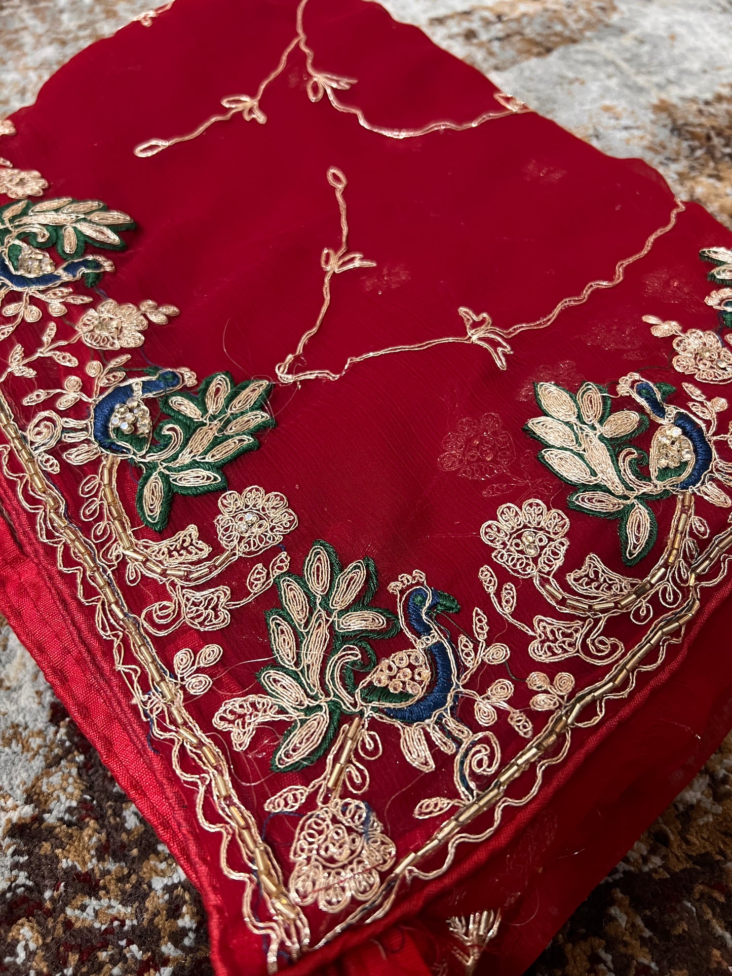 Beautiful Red Color Soft Chiffon Peacock Design Jaal Work Saree