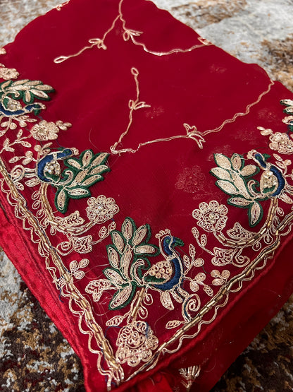 Beautiful Red Color Soft Chiffon Peacock Design Jaal Work Saree