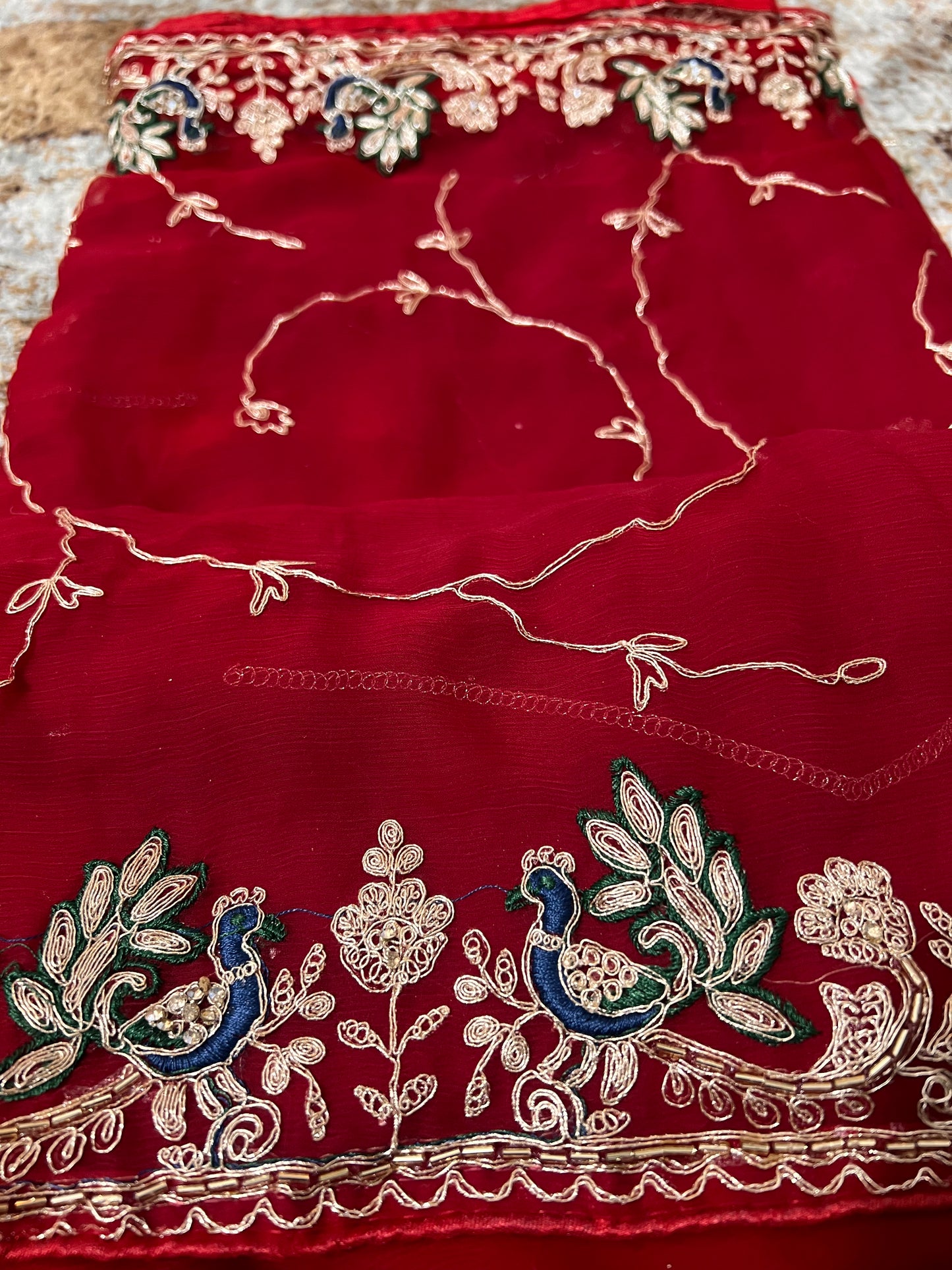 Beautiful Red Color Soft Chiffon Peacock Design Jaal Work Saree