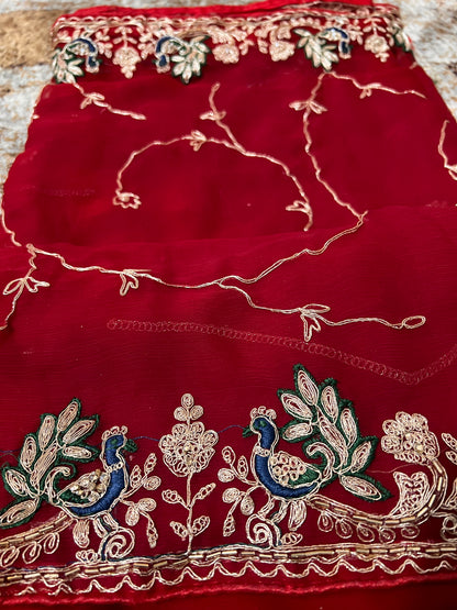Beautiful Red Color Soft Chiffon Peacock Design Jaal Work Saree