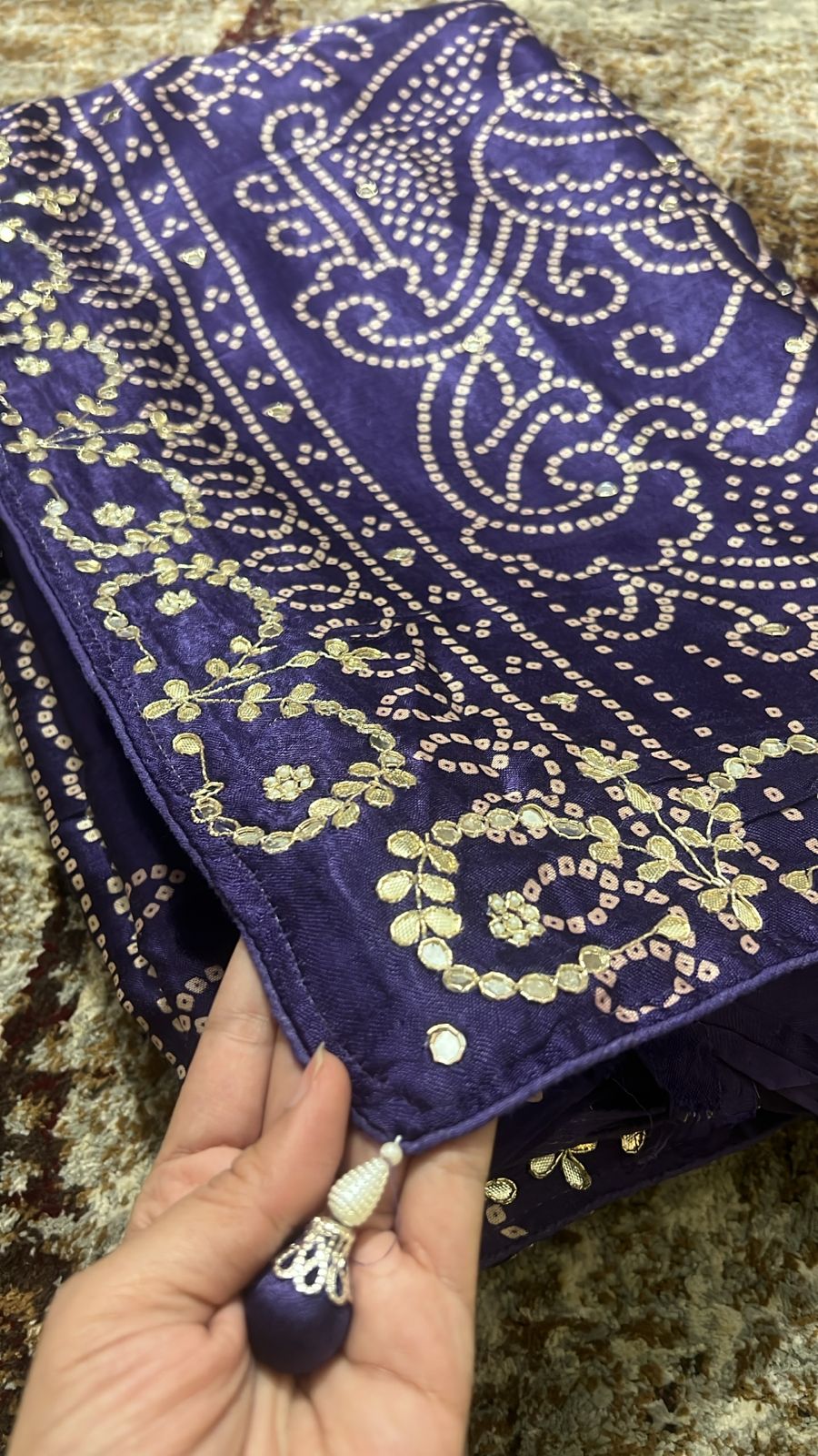 Purple Bandhani Gaji Silk Saree with Mirror and Gota Work