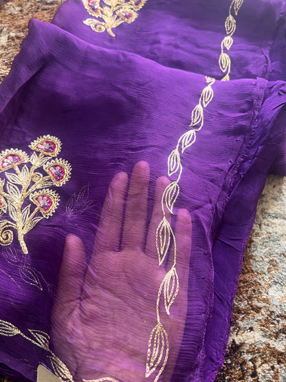 Purple Color Pure Chiffon Peta Work Saree