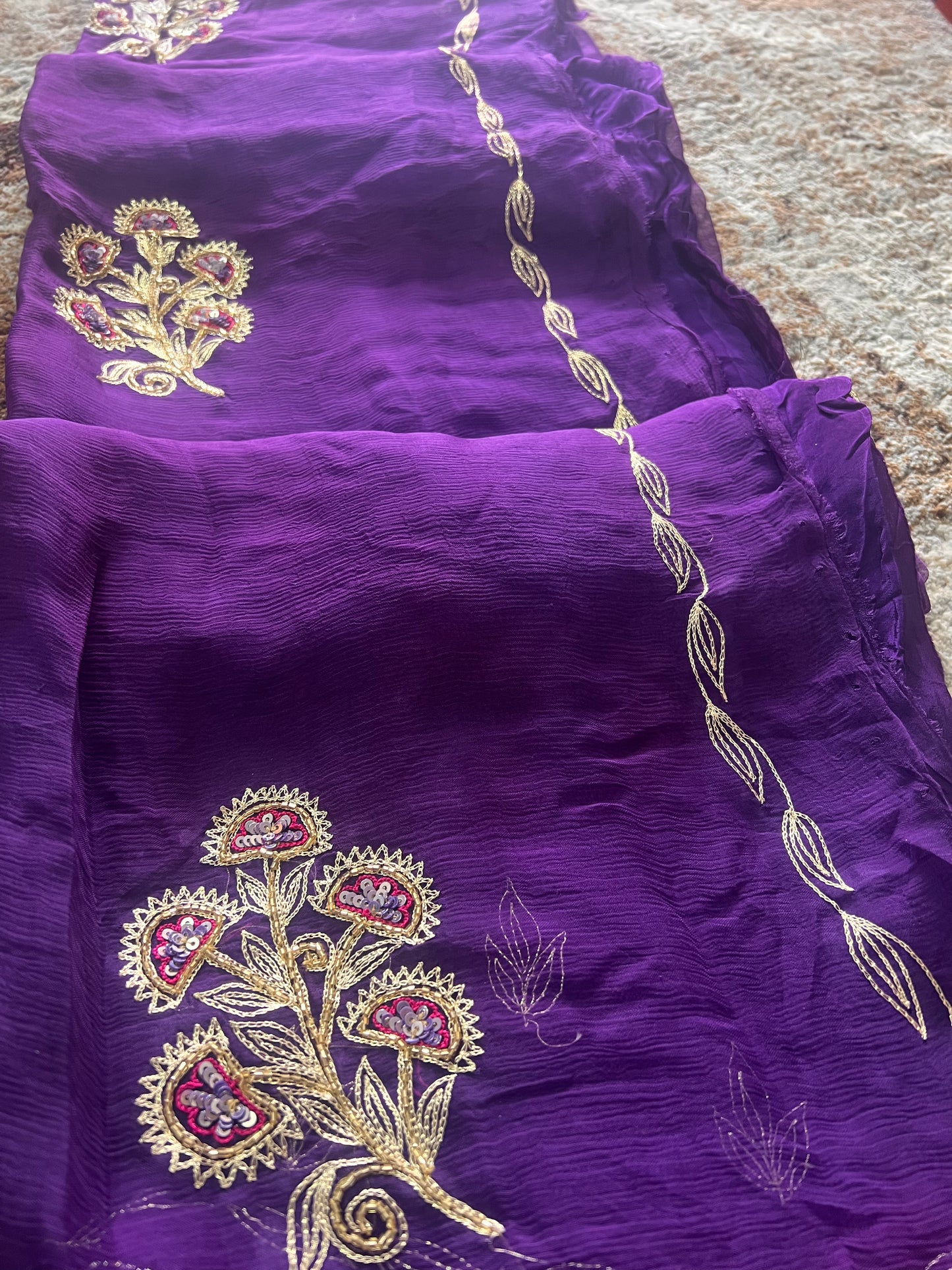 Purple Color Pure Chiffon Peta Work Saree