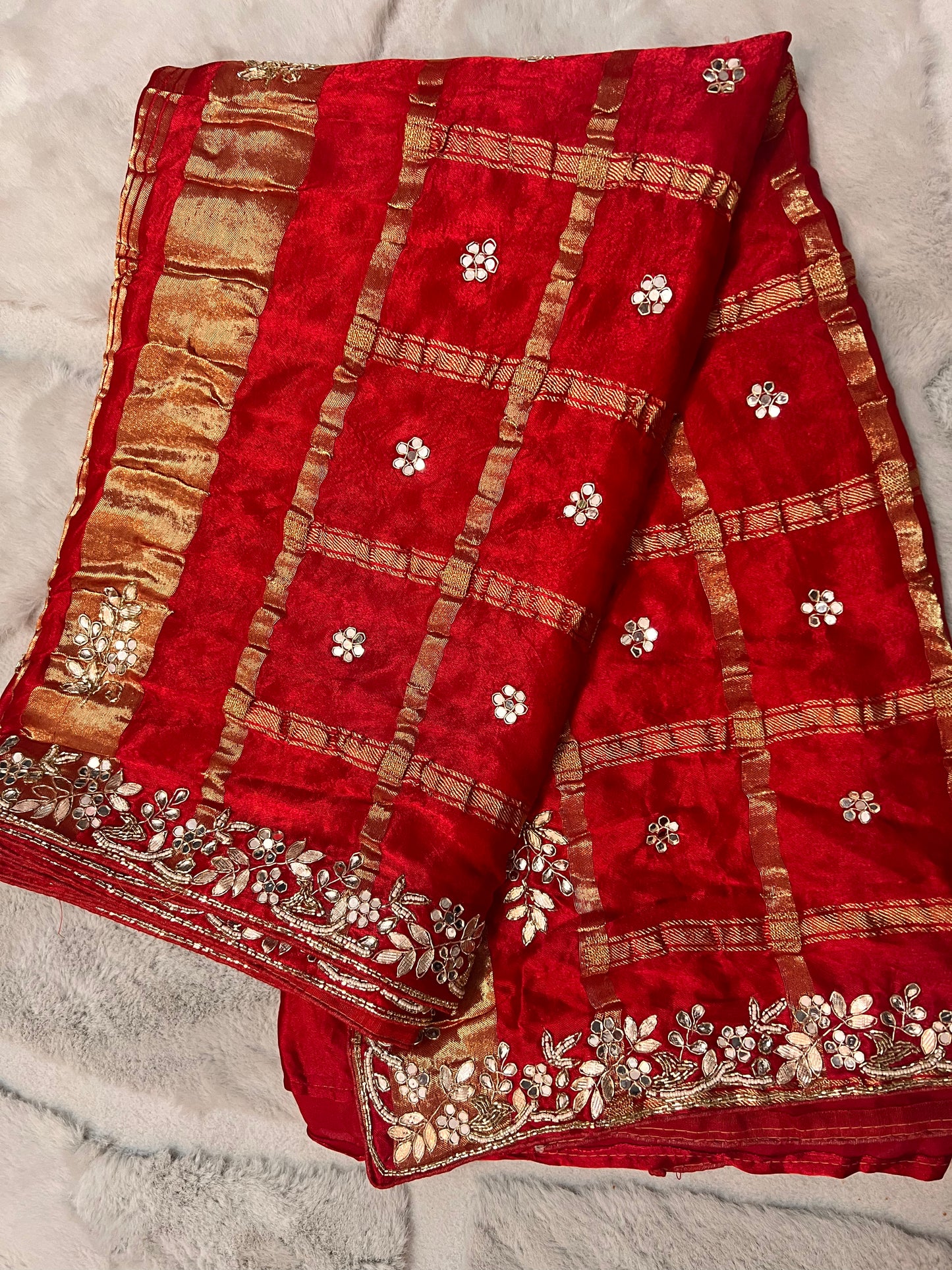 Pure Gajji Silk Red Colour Saree with Beautiful Heavy Gota work Border and Booti Saree and Same Blouse Piece