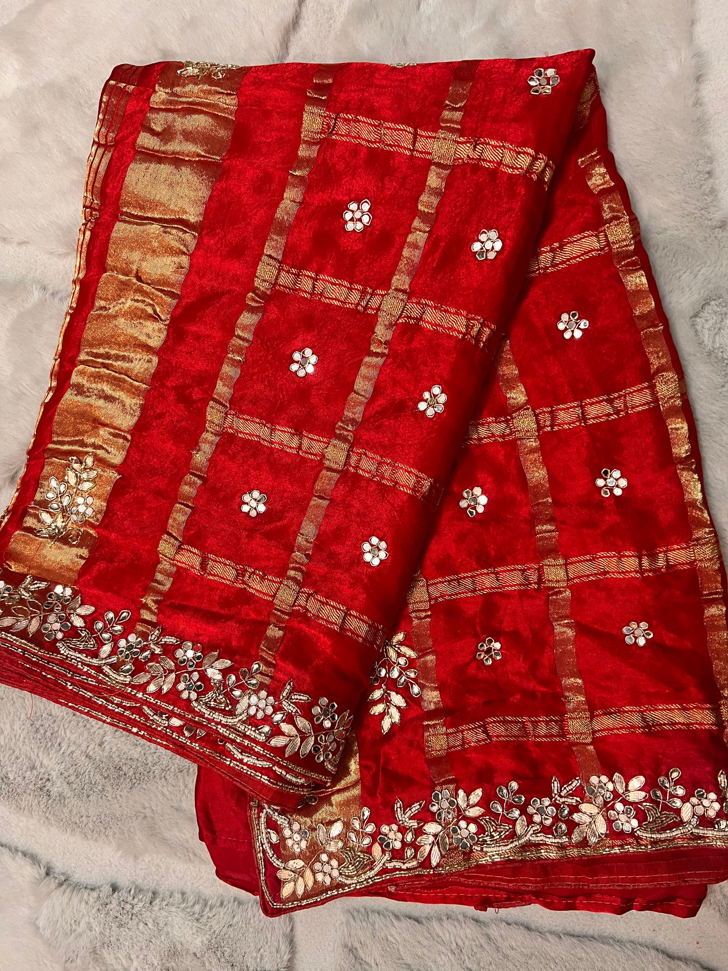 Pure Gajji Silk Red Colour Saree with Beautiful Heavy Gota work Border and Booti Saree and Same Blouse Piece
