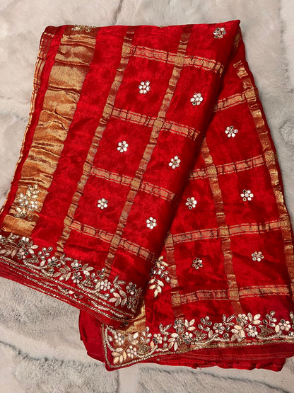 Pure Gajji Silk Red Colour Saree with Beautiful Heavy Gota work Border and Booti Saree and Same Blouse Piece