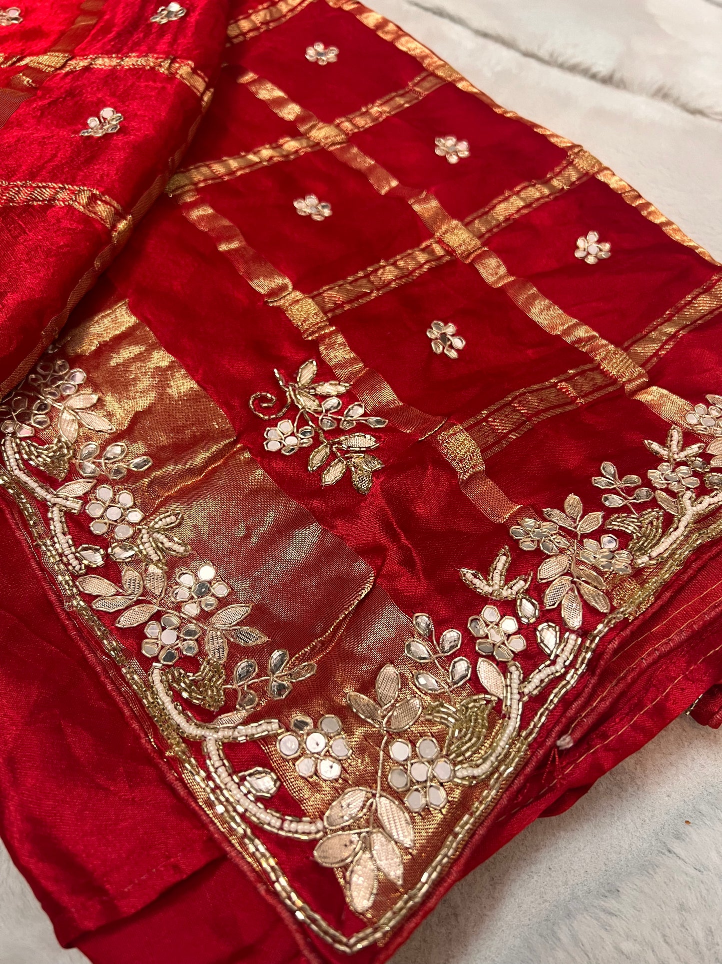 Pure Gajji Silk Red Colour Saree with Beautiful Heavy Gota work Border and Booti Saree and Same Blouse Piece