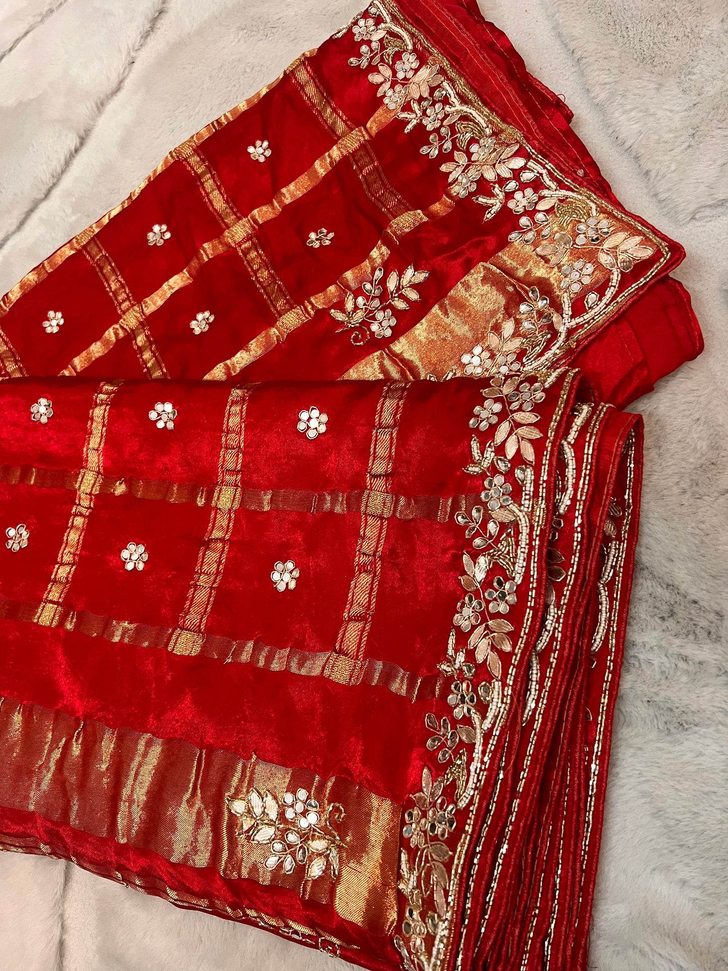 Pure Gajji Silk Red Colour Saree with Beautiful Heavy Gota work Border and Booti Saree and Same Blouse Piece