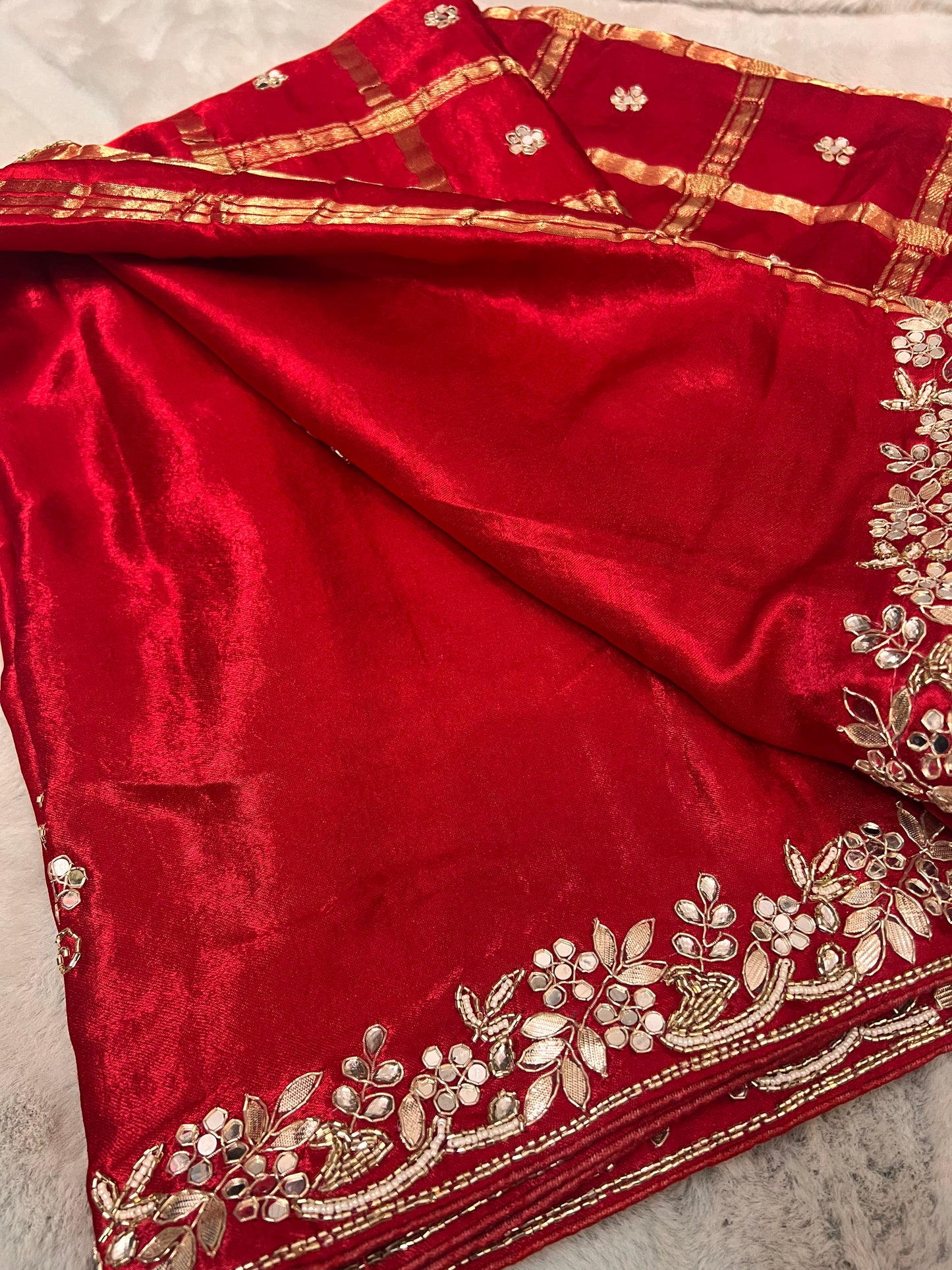 Pure Gajji Silk Red Colour Saree with Beautiful Heavy Gota work Border and Booti Saree and Same Blouse Piece