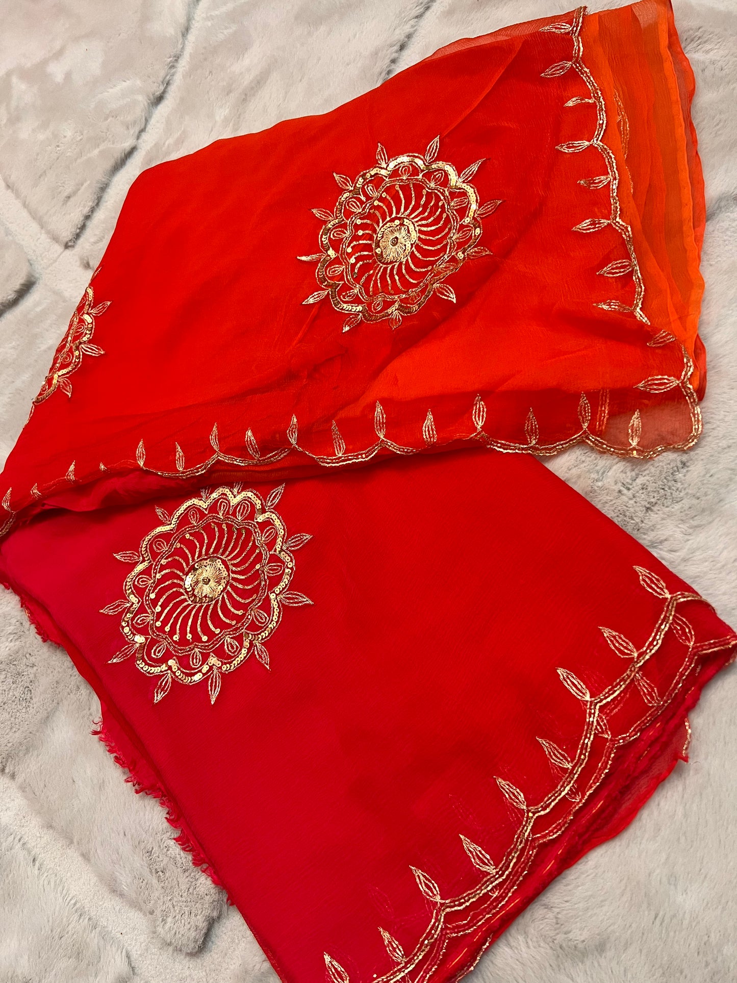 Beautiful Pure Chiffon Saree Shaded it from Pink to Orange in Lovely Handwork all over the Saree Paired with a Pure Crêpe Blouse Piece