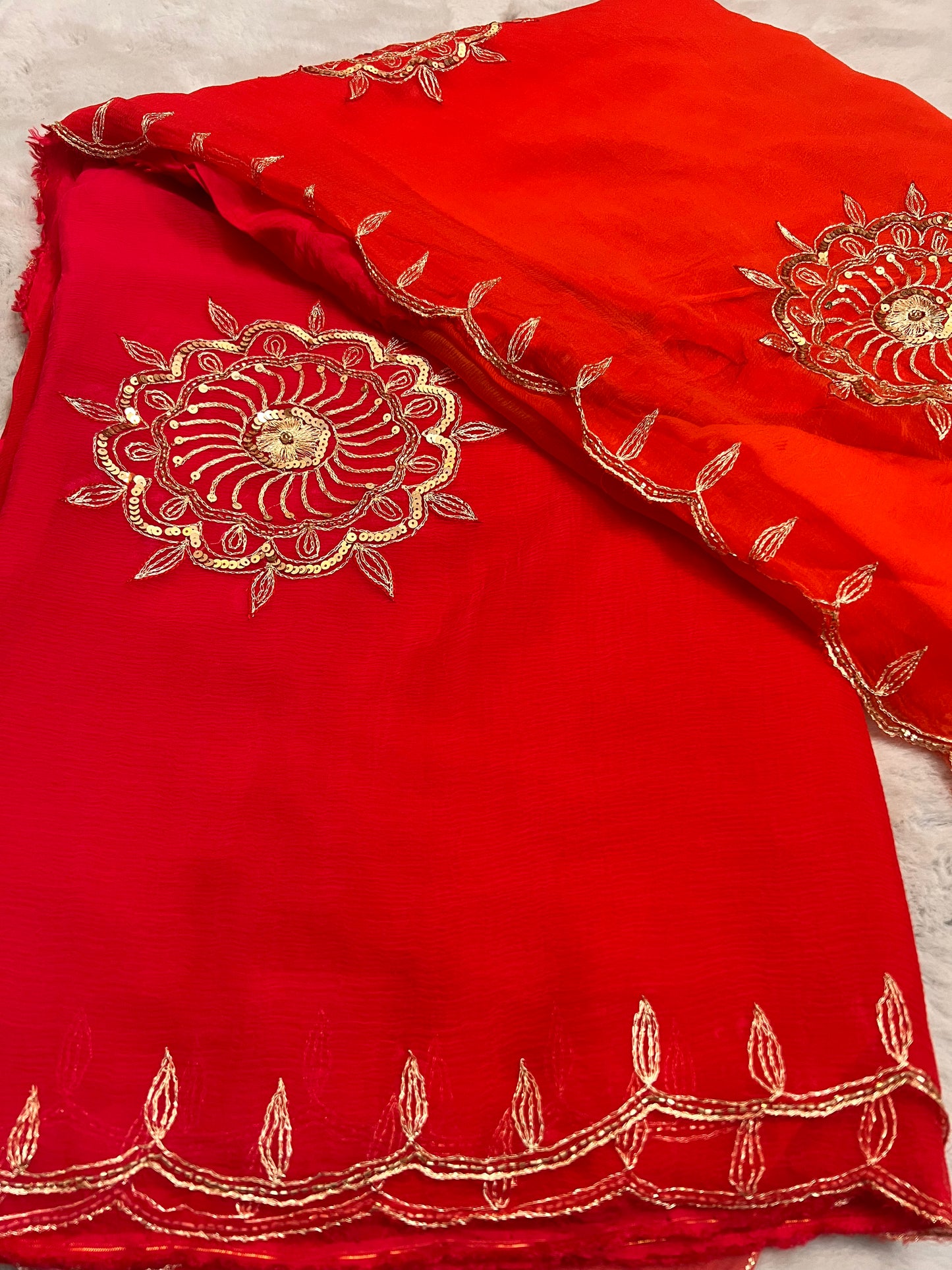 Beautiful Pure Chiffon Saree Shaded it from Pink to Orange in Lovely Handwork all over the Saree Paired with a Pure Crêpe Blouse Piece