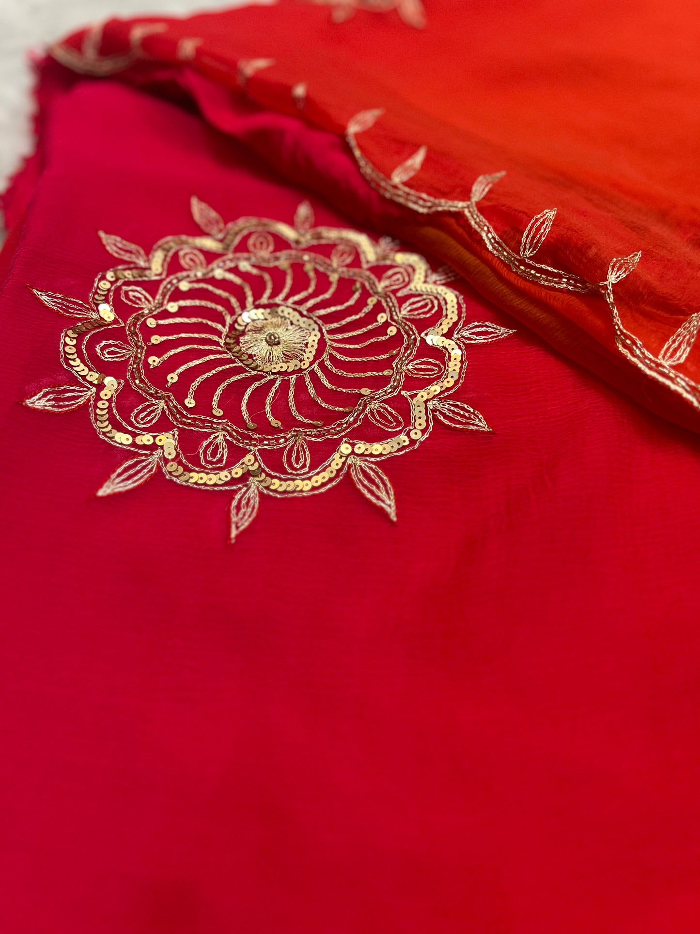 Beautiful Pure Chiffon Saree Shaded it from Pink to Orange in Lovely Handwork all over the Saree Paired with a Pure Crêpe Blouse Piece