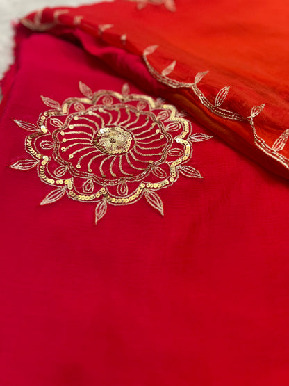 Beautiful Pure Chiffon Saree Shaded it from Pink to Orange in Lovely Handwork all over the Saree Paired with a Pure Crêpe Blouse Piece